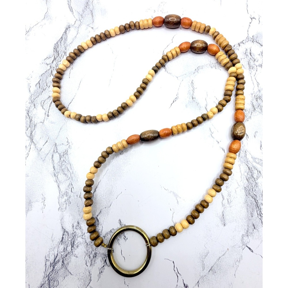 Long Wooden Bead Necklace Gold Tone‎ Ring Pendant Boho Natural Earth Tone 25"